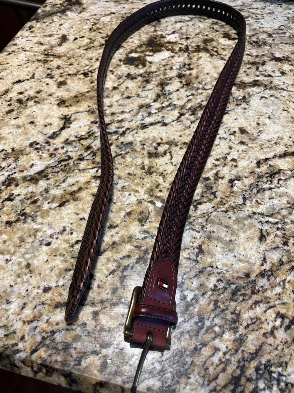 Tommy Hilfiger Dark Brown Braided Leather Belt with Tricolor Loop